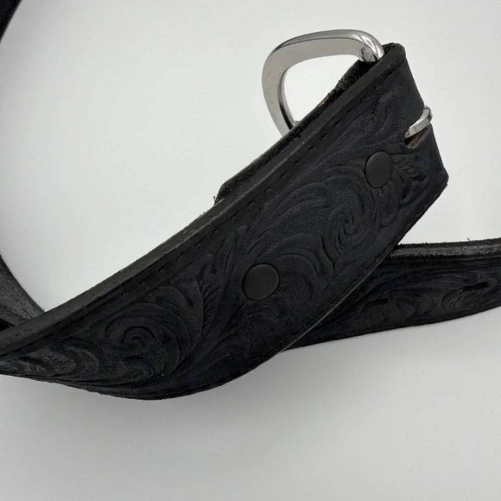 Silver Creek Leather Belt 42 Inch Black  Western Fits 32-34 Silver Buckle 3859‎